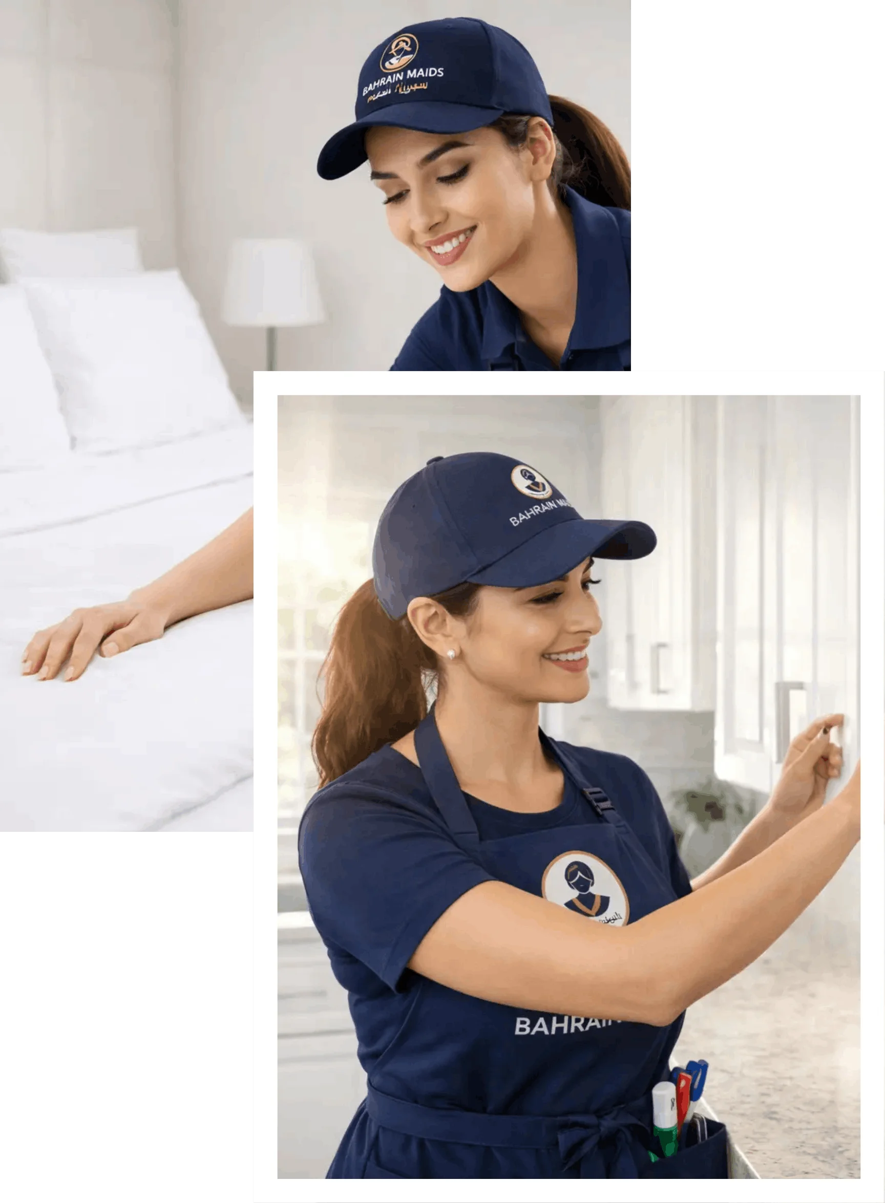 Home cleaning services in Bahrain by Bahrain Maids professional cleaner wiping kitchen cabinets